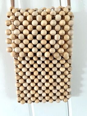 Beaded Bohemian Wooden Mini Crossbody Bag in Natural Beige
